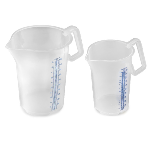 Measuring jug, stackable, closed handle, blue measuring scale